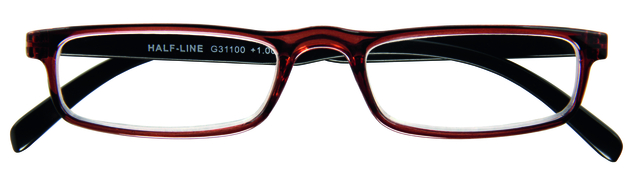 bril, brilglazen, rectangulair, rood, half-line