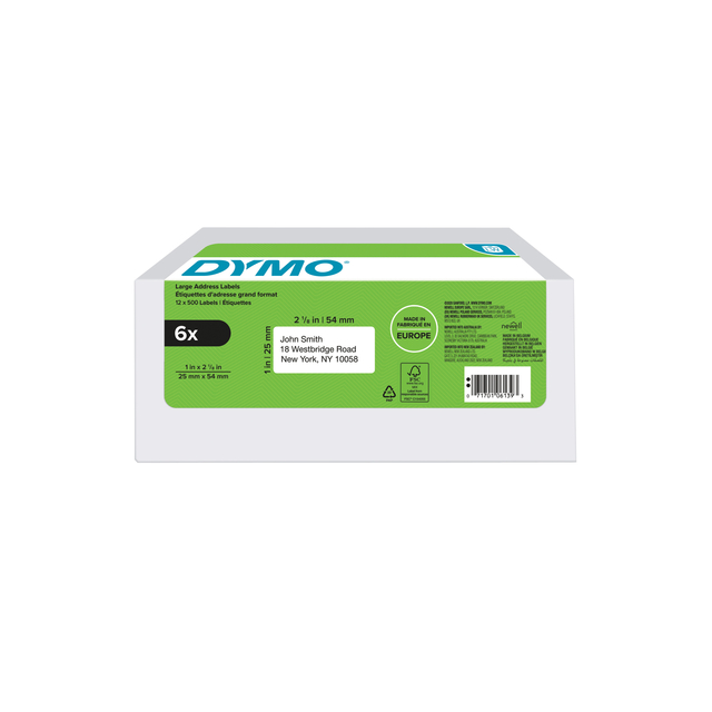 Etiket Dymo LabelWriter adressering 25x54mm 6 rollen á 500 stuks wit Etiket Dymo LabelWriter adressering 25x54mm 6 rollen á 500 stuks wit