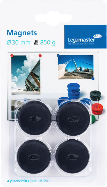 Magneet Legamaster 30mm 850gr zwart 4 stuks Magneet Legamaster 30mm 850gr zwart 4 stuks
