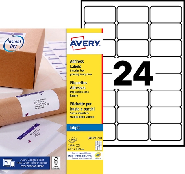 Etiket Avery J8159-100 63.5x33.9mm wit 2400 etiketten