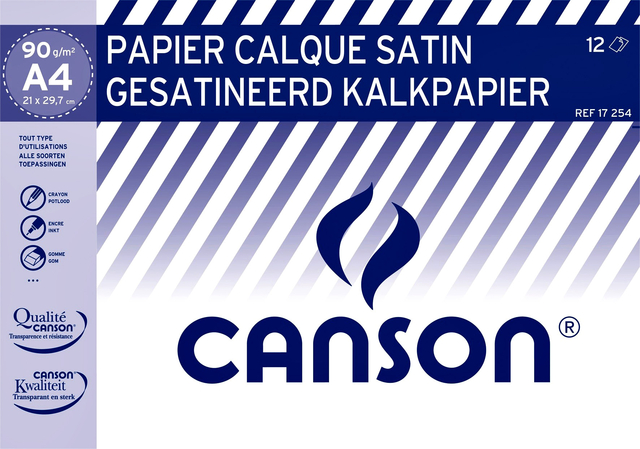 Kalkpapier Canson gesatineerd 12vel 90gr A4 doorschijnend Kalkpapier Canson gesatineerd 12vel 90gr A4 doorschijnend