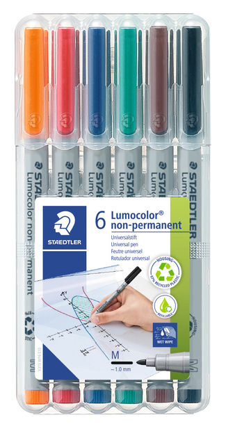 Viltstift Staedtler Lumocolor 315 non permanent M set à 6 stuks assorti Viltstift Staedtler Lumocolor 315 non permanent M set à 6 stuks assorti