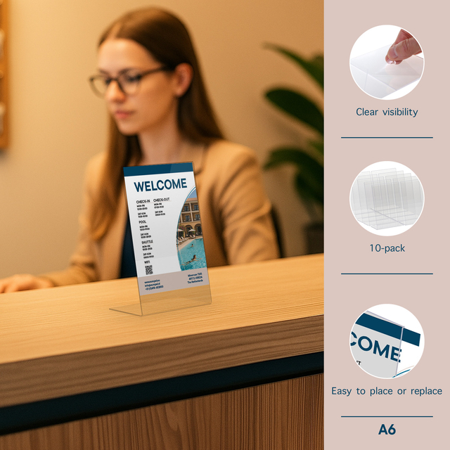 brochure, welkomstkaart, tellerdisplay, A6, helder acrylhouder