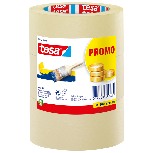 Afplaktape tesa®  Economy 50mmx50m geel 3 rollen Afplaktape tesa®  Economy 50mmx50m geel 3 rollen