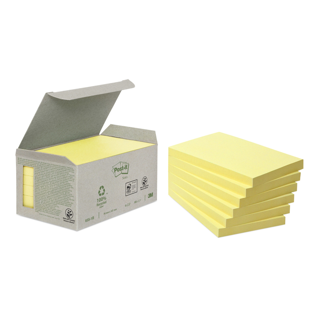 Memoblok Post-it 655-1B recycled 76x127mm canary yellow 6 stuks Memoblok Post-it 655-1B recycled 76x127mm canary yellow 6 stuks