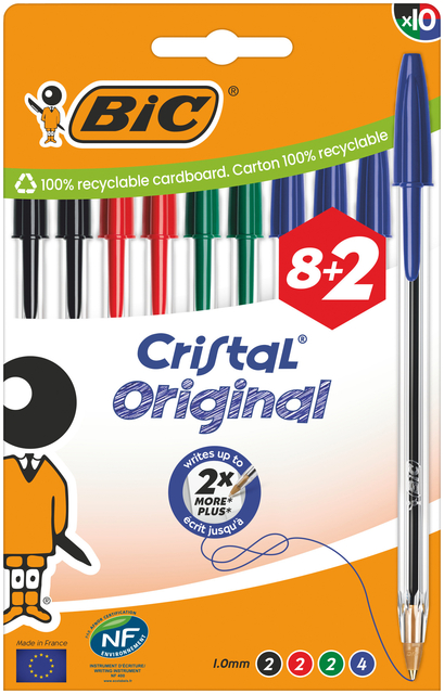 Balpen Bic Cristal medium assorti blister à 8+2 gratis Balpen Bic Cristal medium assorti blister à 8+2 gratis