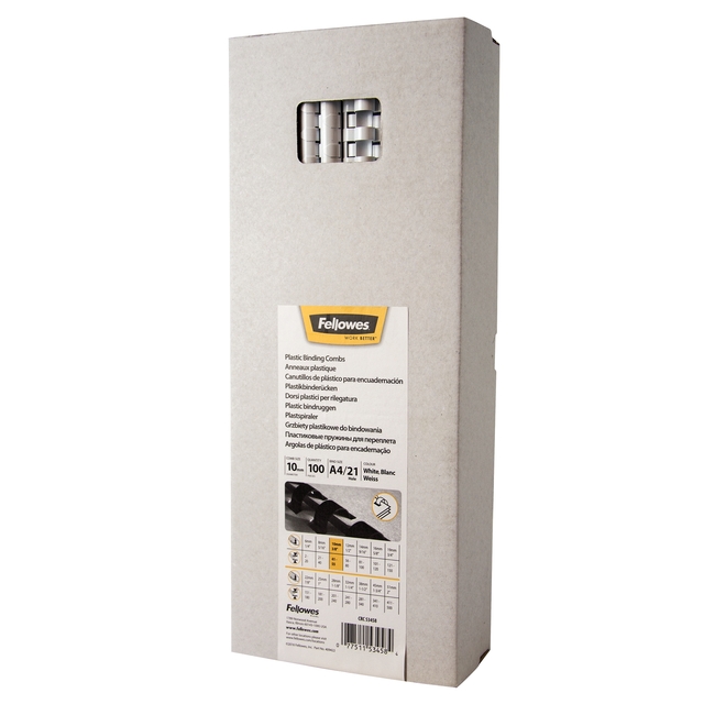 Bindrug Fellowes 10mm 21rings A4 wit 100 stuks