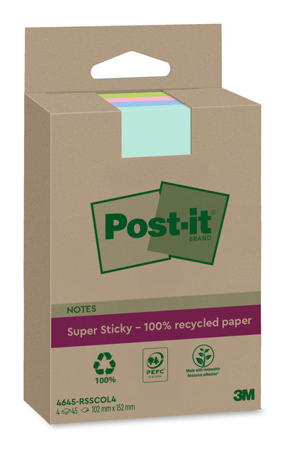 Memoblok 3M Post-it 4645-RSSCOL4 Super Sticky 102x152mm ass. Kleur 4 stuks Memoblok 3M Post-it 4645-RSSCOL4 Super Sticky 102x152mm ass. Kleur 4 stuks