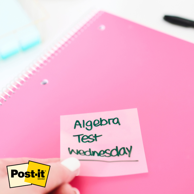 pink notebook, spiral bound, algebra, post-it note, writing