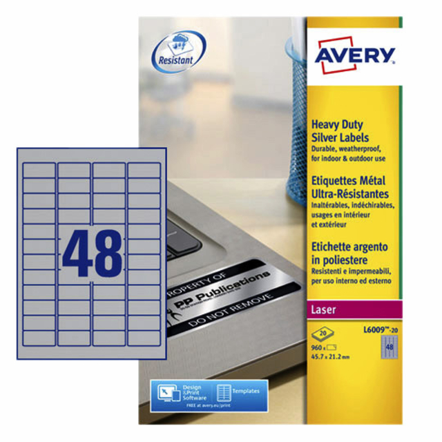 Etiket Avery L6009-20 45.7x21.2mm zilver 960 etiketten Etiket Avery L6009-20 45.7x21.2mm zilver 960 etiketten