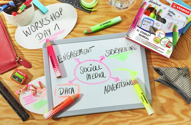 sociale media, whiteboard, marker, kantoorartikelen, workshopdag
