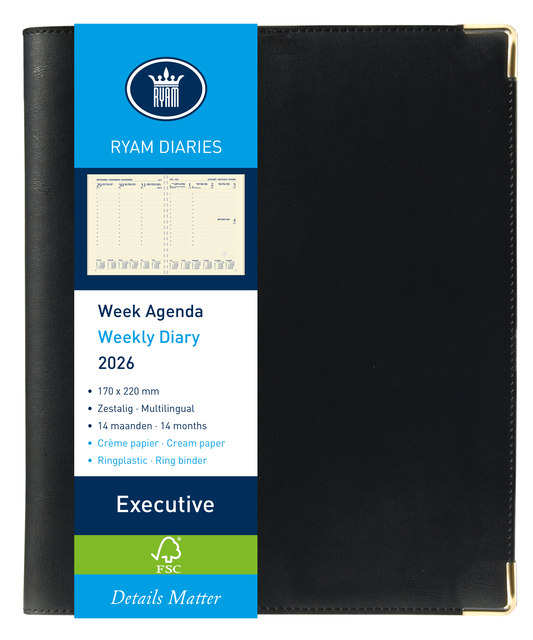 Agenda 2026 Ryam Executive Nappa 7dagen/2pagina's ringplastic zwart Agenda 2026 Ryam Executive Nappa 7dagen/2pagina's ringplastic zwart