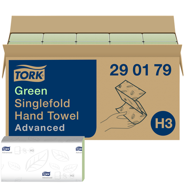Handdoek Tork H3 Advanced singlefold 2-laags 248x230mm 15x250 vel groen 290179 Handdoek Tork H3 Advanced singlefold 2-laags 248x230mm 15x250 vel groen 290179