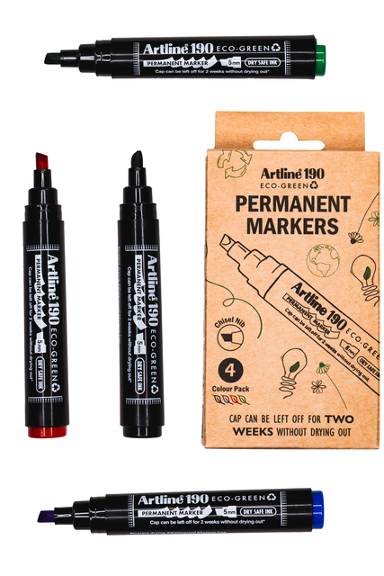 Permanent marker Artline 190  Dry Safe Eco schuin 2-5mm assorti 4 stuks Permanent marker Artline 190  Dry Safe Eco schuin 2-5mm assorti 4 stuks