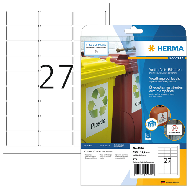 Etiket HERMA 4864 63.5x29.6mm weerbestendig wit 270stuks Etiket HERMA 4864 63.5x29.6mm weerbestendig wit 270stuks