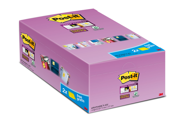 Memoblok Post-it 655 Super Sticky 76x127mm geel 14+2 gratis Memoblok Post-it 655 Super Sticky 76x127mm geel 14+2 gratis