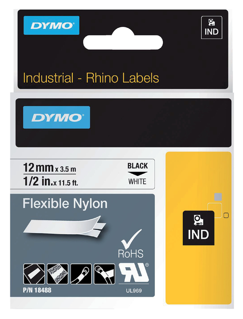 Labeltape Dymo Rhino industrieel nylon 12mm zwart op wit Labeltape Dymo Rhino industrieel nylon 12mm zwart op wit