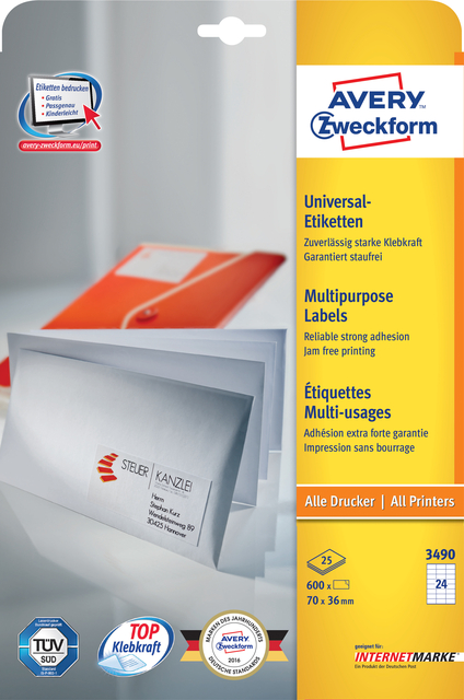 Etiket Avery Zweckform 3490 70x36mm wit 600stuks Etiket Avery Zweckform 3490 70x36mm wit 600stuks