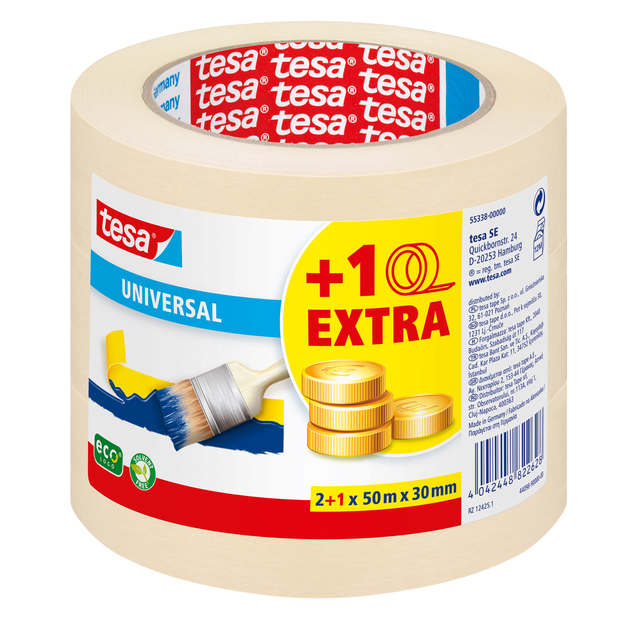 Afplaktape tesa® Economy 50mx30mm geel 2+1 Afplaktape tesa® Economy 50mx30mm geel 2+1