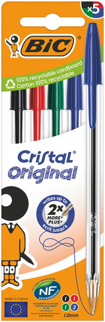 Balpen Bic Cristal medium assorti blister à 5 stuks Balpen Bic Cristal medium assorti blister à 5 stuks