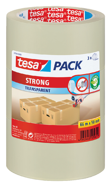 Verpakkingstape tesapack® Strong 66mx50mm PP transparant 3 rollen Verpakkingstape tesapack® Strong 66mx50mm PP transparant 3 rollen