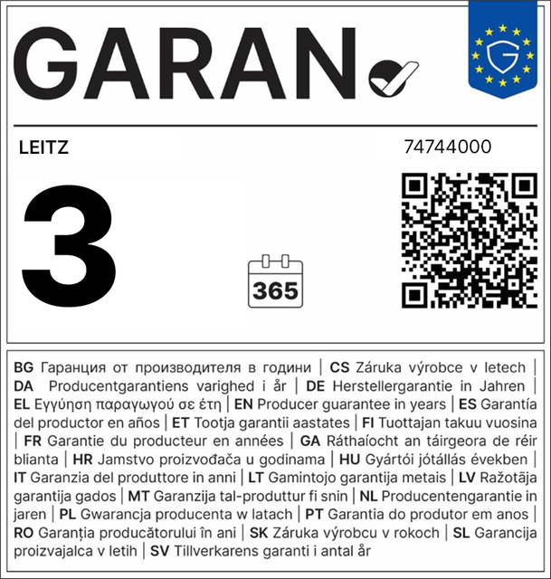 veiligheidsetiket, garantiefkaart, 3 jaar garantie, QR-code, kalender 365