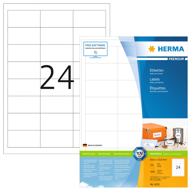 Etiket HERMA 4632 64.6x33,8mm premium wit 4800stuks Etiket HERMA 4632 64.6x33,8mm premium wit 4800stuks