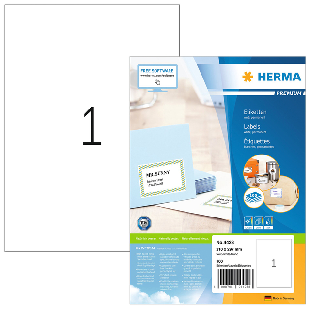 Etiket HERMA 4428 210x297mm A4 premium wit 100stuks Etiket HERMA 4428 210x297mm A4 premium wit 100stuks
