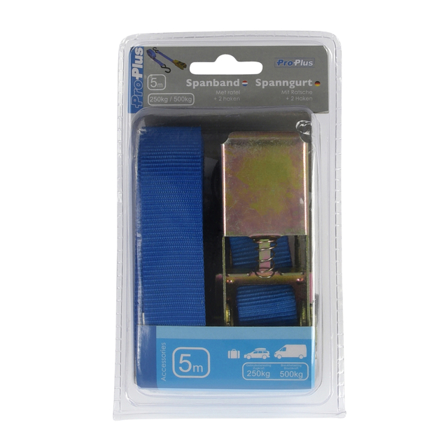 Spanband ProPlus ratel 5 meter met 2 haken blauw Spanband ProPlus ratel 5 meter met 2 haken blauw