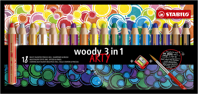 Kleurpotloden STABILO 880 woody 3 in 1 Arty + slijper+penseel ass 18st Kleurpotloden STABILO 880 woody 3 in 1 Arty + slijper+penseel ass 18st
