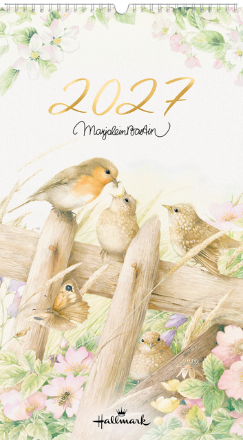 calendar, wall calendar, birds, wood fence, floral art