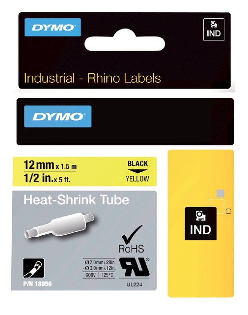 Labeltape Dymo Rhino industrieel krimpkous 12mm zwart op geel Labeltape Dymo Rhino industrieel krimpkous 12mm zwart op geel