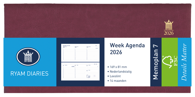 Agenda 2026 Ryam Memoplan 7 Mundior 7dagen/2pagina's landscape bordeaux Agenda 2026 Ryam Memoplan 7 Mundior 7dagen/2pagina's landscape bordeaux