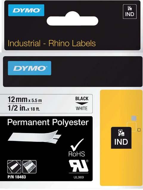 Labeltape Dymo Rhino industrieel polyester 12mm zwart op wit Labeltape Dymo Rhino industrieel polyester 12mm zwart op wit