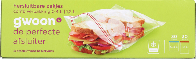 Hersluitbare zak G'woon 30 x 0.4l en 30 x 1.2l Hersluitbare zak G'woon 30 x 0.4l en 30 x 1.2l