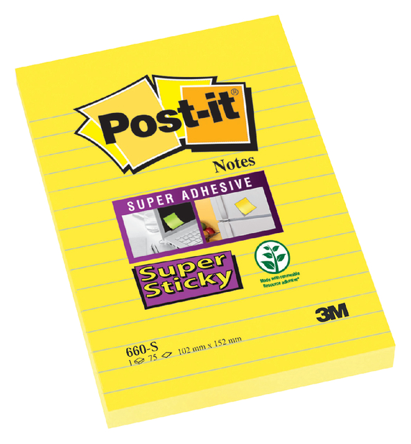 Memoblok Post-it 660 Super Sticky 102x152 geel met lijn 75 vel Memoblok Post-it 660 Super Sticky 102x152 geel met lijn 75 vel