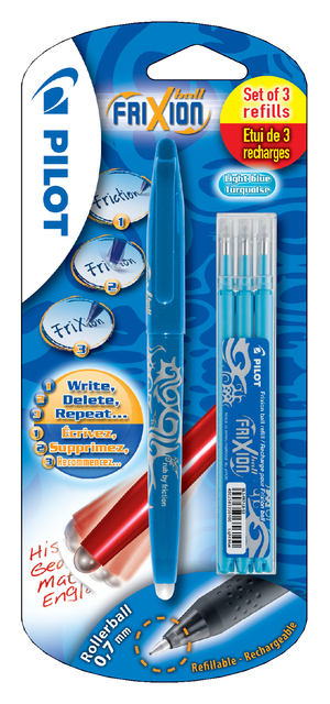 Rollerpen PILOT friXion medium lichtblauw blister à 1 stuk + 3 vull Rollerpen PILOT friXion medium lichtblauw blister à 1 stuk + 3 vull