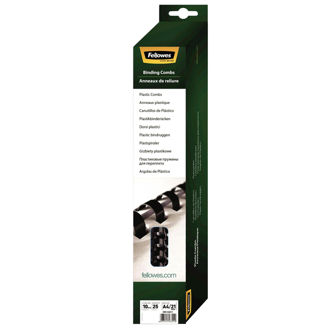Bindrug Fellowes 10mm 21rings A4 zwart 25 stuks Bindrug Fellowes 10mm 21rings A4 zwart 25 stuks