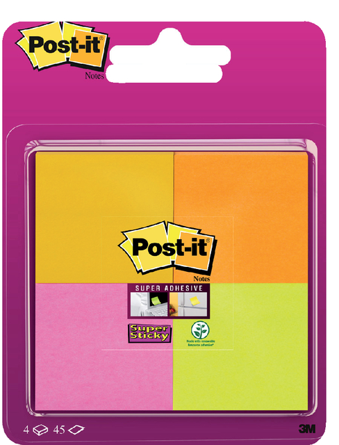 Memoblok Post-it 6910 Super Sticky 51x51mm assorti 4 stuks Memoblok Post-it 6910 Super Sticky 51x51mm assorti 4 stuks