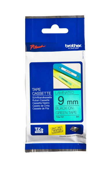 Labeltape Brother P-touch TZe-721 standaard 9mm zwart op groen Labeltape Brother P-touch TZe-721 standaard 9mm zwart op groen