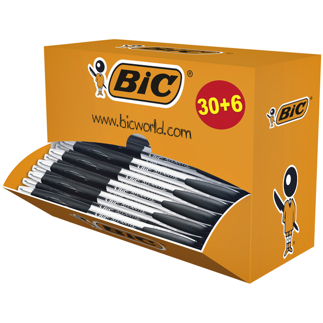 Balpen Bic Atlantis classic grip clic M zwart valuepack 30+6 gratis Balpen Bic Atlantis classic grip clic M zwart valuepack 30+6 gratis