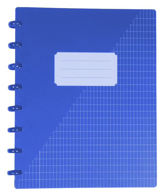notebook, spiral-bound, blue, grid pattern, front label
