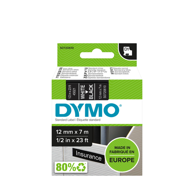 Labeltape Dymo LabelManager D1 polyester 12mmx7m wit op zwart Labeltape Dymo LabelManager D1 polyester 12mmx7m wit op zwart
