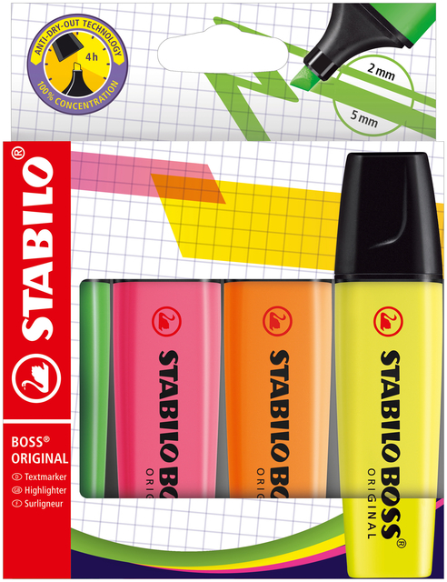 Markeerstift STABILO BOSS Original 70/4 assorti etui à 4 stuks Markeerstift STABILO BOSS Original 70/4 assorti etui à 4 stuks