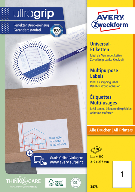 Etiket Avery Zweckform 3478 210x297mm A4 wit 100stuks Etiket Avery Zweckform 3478 210x297mm A4 wit 100stuks
