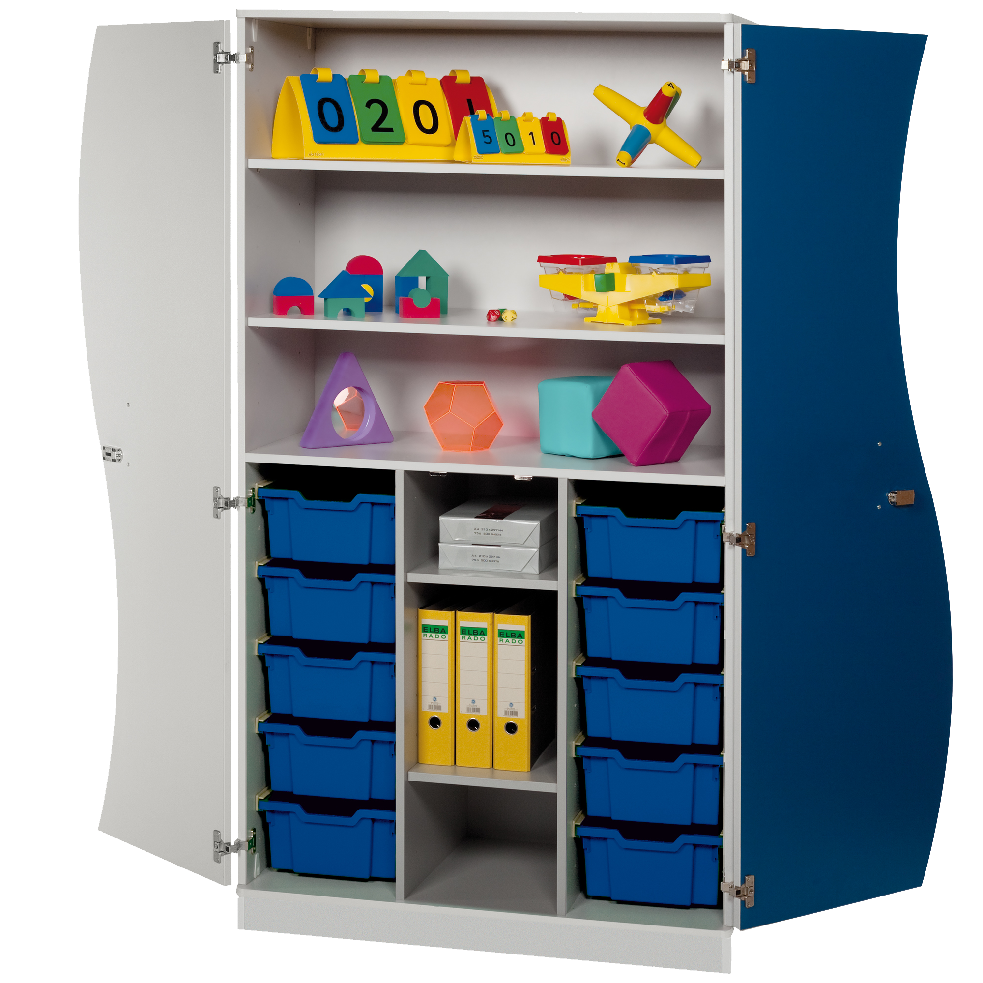 Hoge kast met golfplaten deuren, 10 hoge ErgoTray bakken &amp; 4 planken