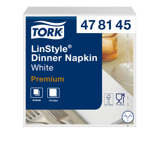 Dinerservet Tork Linstyle Premium 1/8 vouw 1-laags 390x390mm 50 vel wit 478145 Dinerservet Tork Linstyle Premium 1/8 vouw 1-laags 390x390mm 50 vel wit 478145