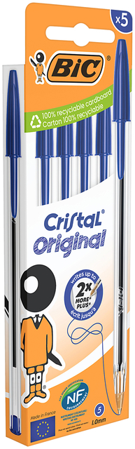 Balpen Bic Cristal medium blauw blister à 5 stuks