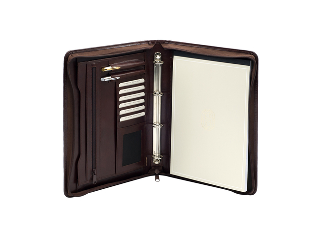 Schrijfmap van der Spek A4 leer 4-rings 25mm O-mechaniek + rits bruin Schrijfmap van der Spek A4 leer 4-rings 25mm O-mechaniek + rits bruin