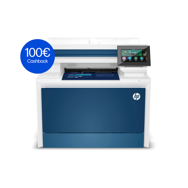 multifunction printer, laser printer, blue cabinet, touchscreen, HP
